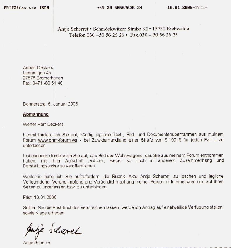erste Seite des FAX von Antje Scherret an Aribert 
Deckers