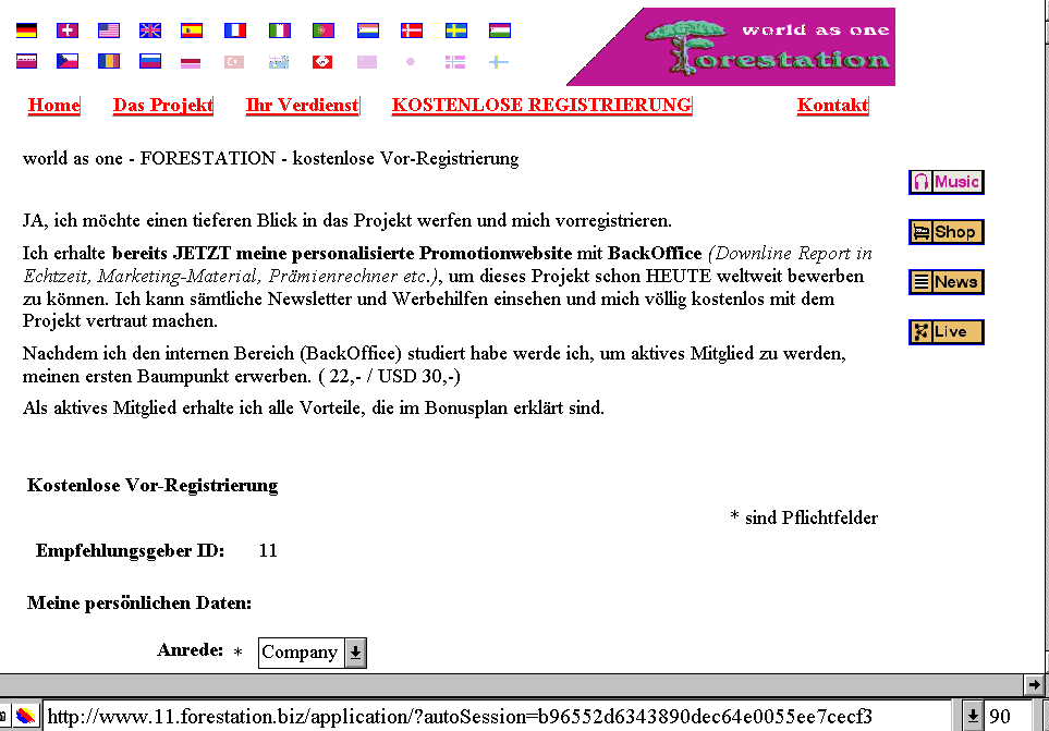 Anmeldeformular von forestation.biz