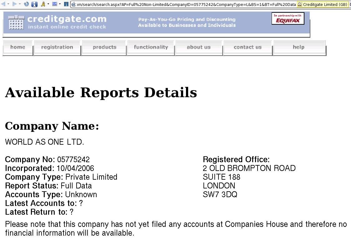 britische Firmenanmeldung von World as one Ltd. border=