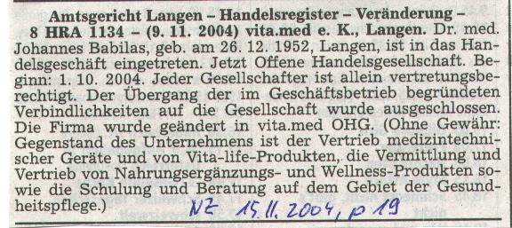 Bild: Meldung in der Nordsee-Zeitung
vom 15.11.2004, p19