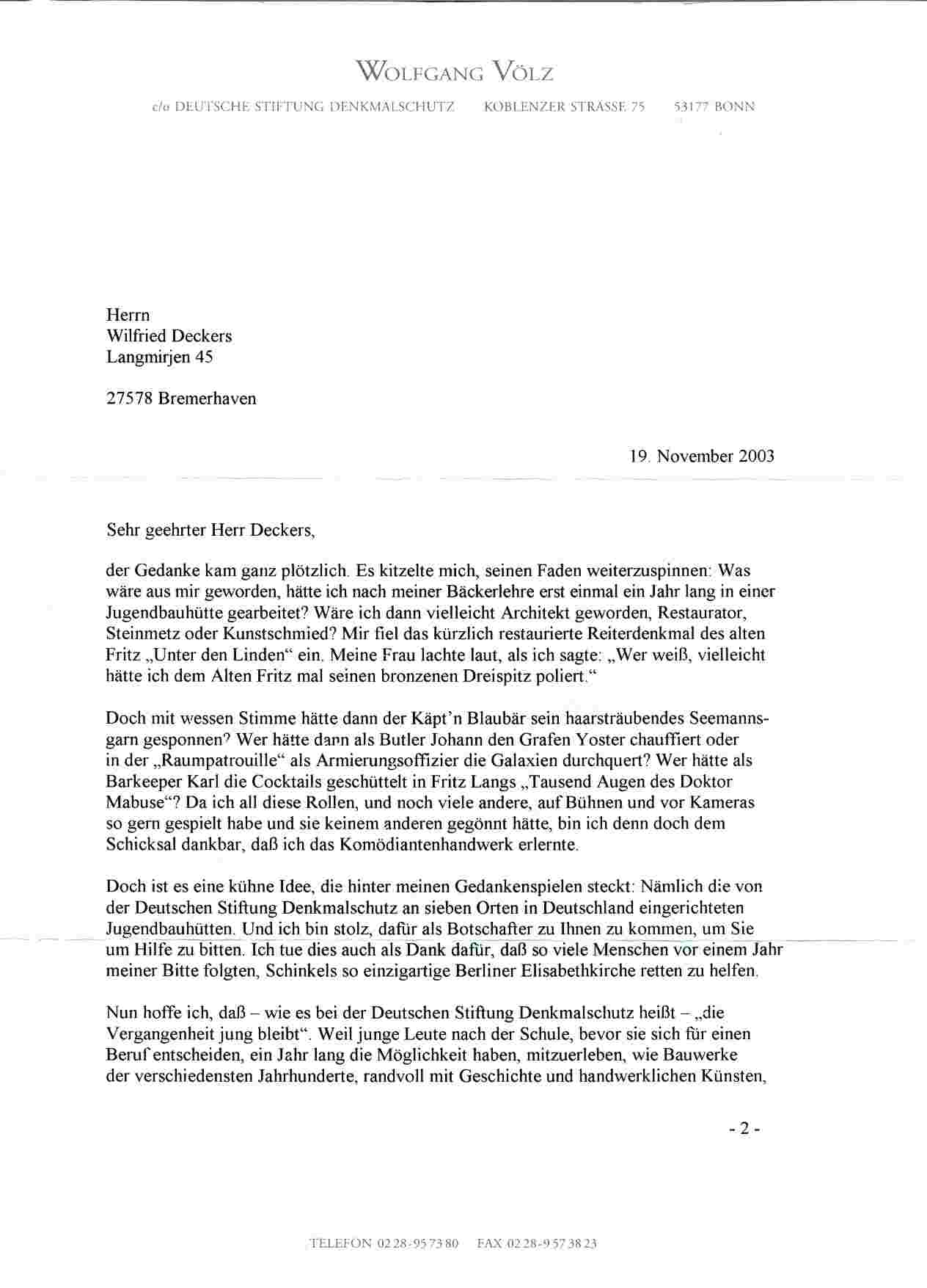 Brief von Wolfgang Voelz, 1. Seite